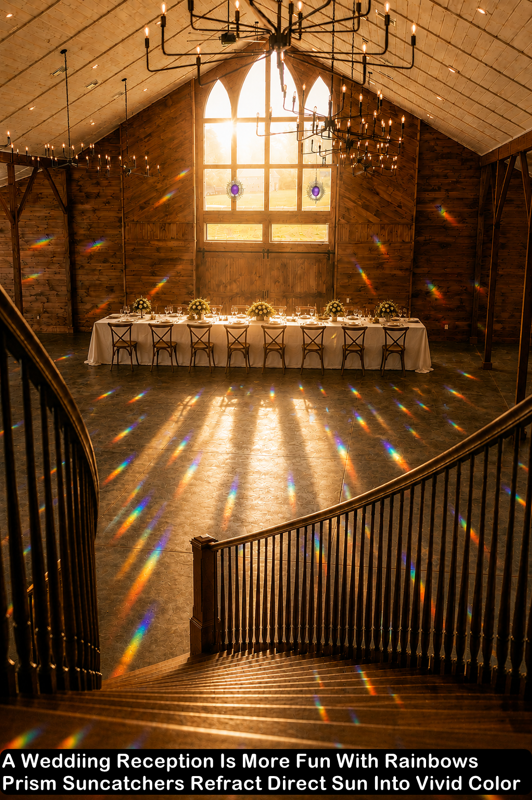 Prism suncatcher suspended in direct sunlight casting vivid rainbows across a room