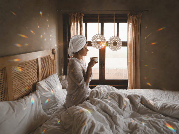 A portrait scene with beautiful natural rainbows cast across a room