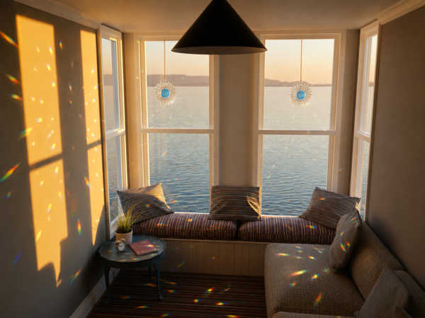 Beautifully illuminated serene room with soft rainbow patterns casting across the wall and floor, creating a calming wellness space