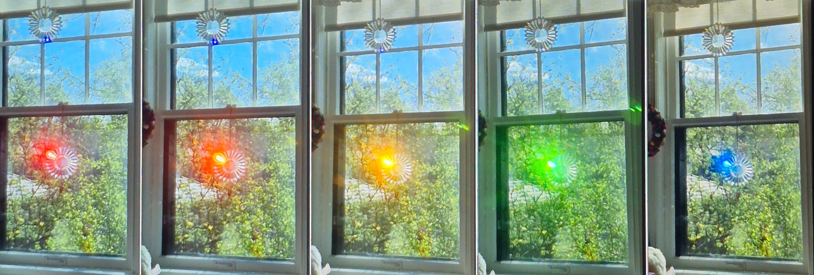 A photographed series of colored light from crystal prisms